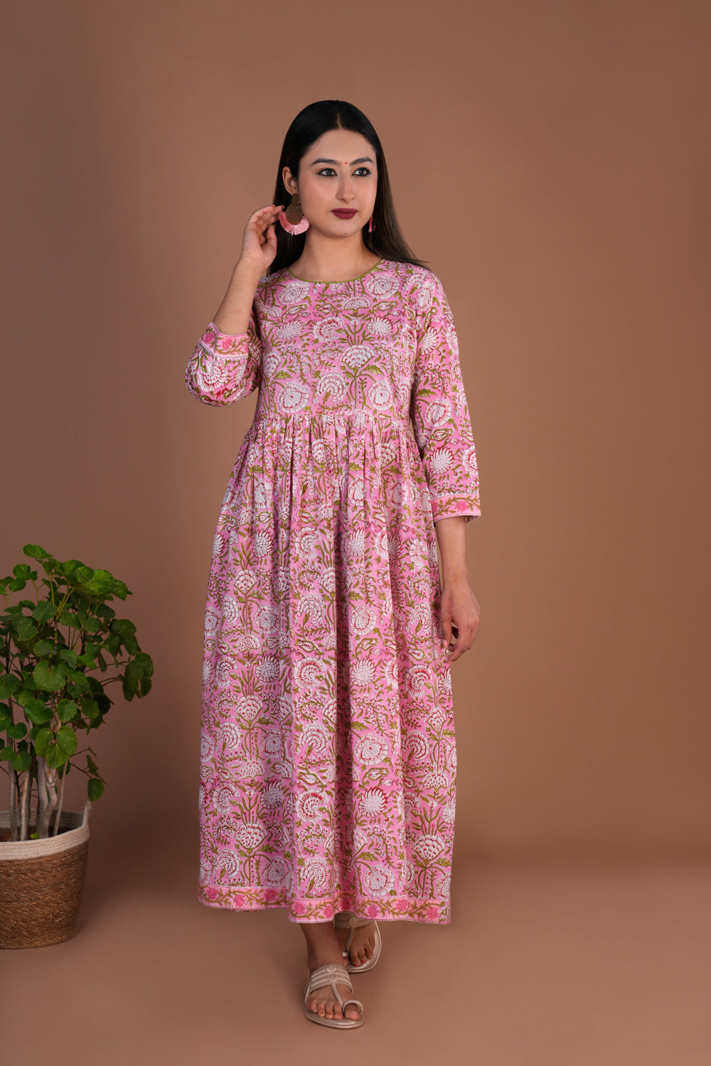 Image of Light pink floral hand block printed long dress